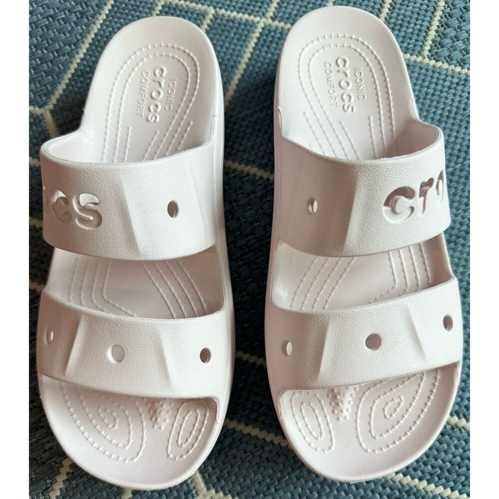 Crocs Classic Baya Two Strap Cutout Logo Platform Slide Sandals Light Pink 9